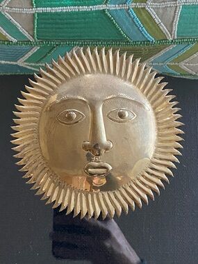 VTG Brass Celestial Surya Sun Face Wall Plaque Mid Century Thin Lightweight 6”